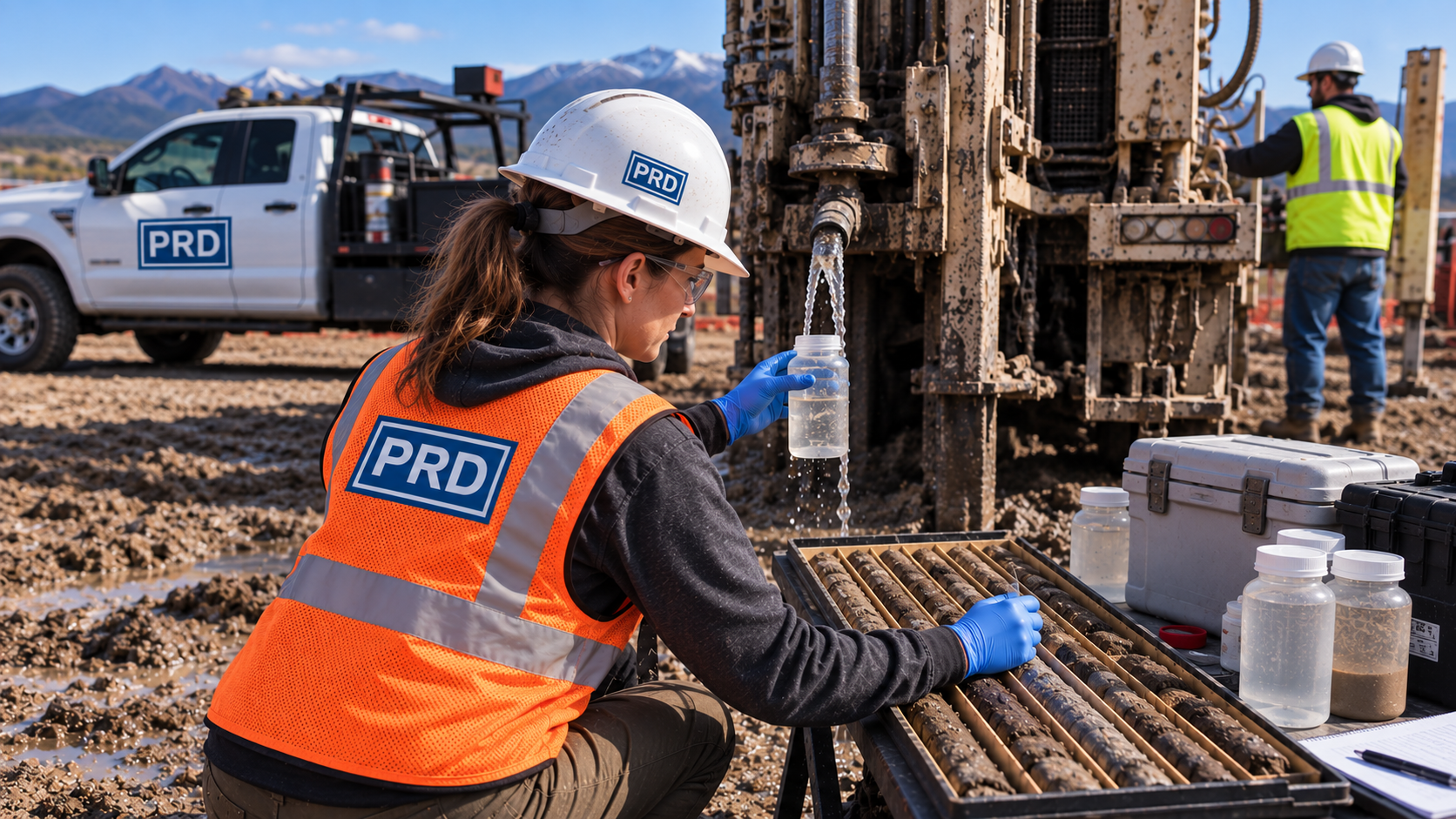 Environmental technician in PRD safety gear collecting soil and water samples at a drilling operation