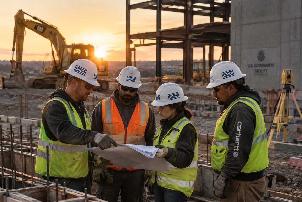 Construction crew wearing PRD-branded hardhats on an active project site