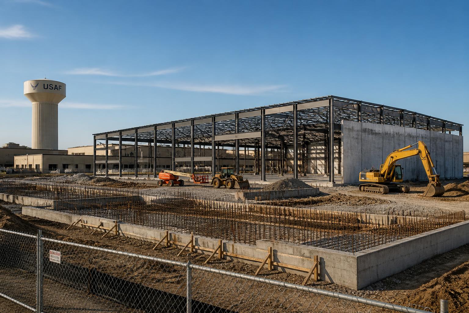Steel frame construction and foundation work on an active military base installation